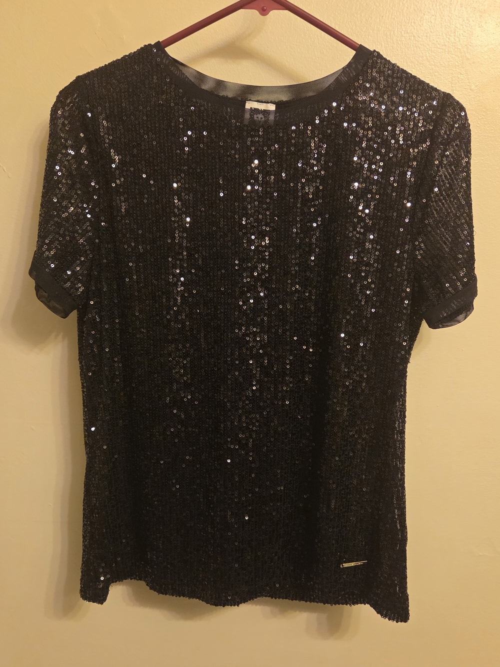 Anne Klein Black Sequin Mesh Sparkly Blouse Small Cocktail Party Night Out Fancy